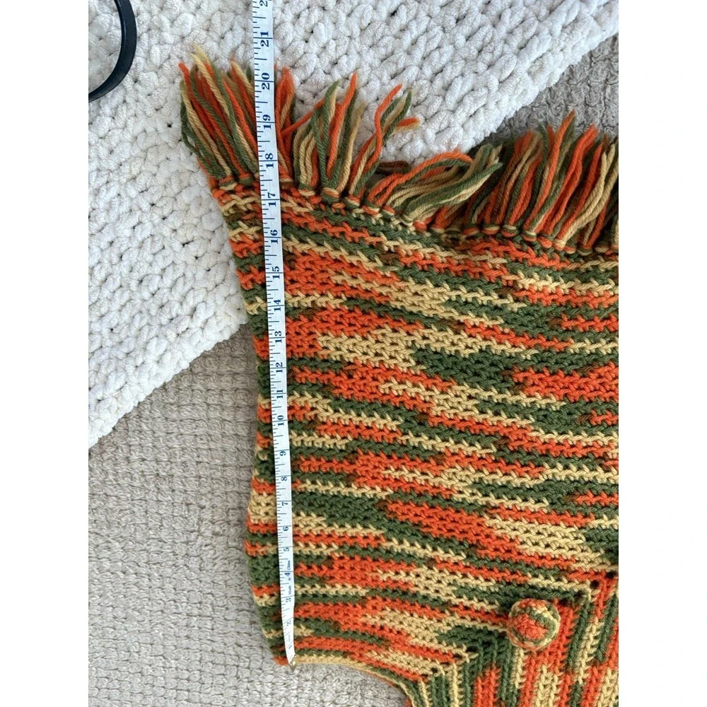 Vintage Crochet Granny Poncho Multicolor Fringe Boho Handmade Cape Wrap rainbow